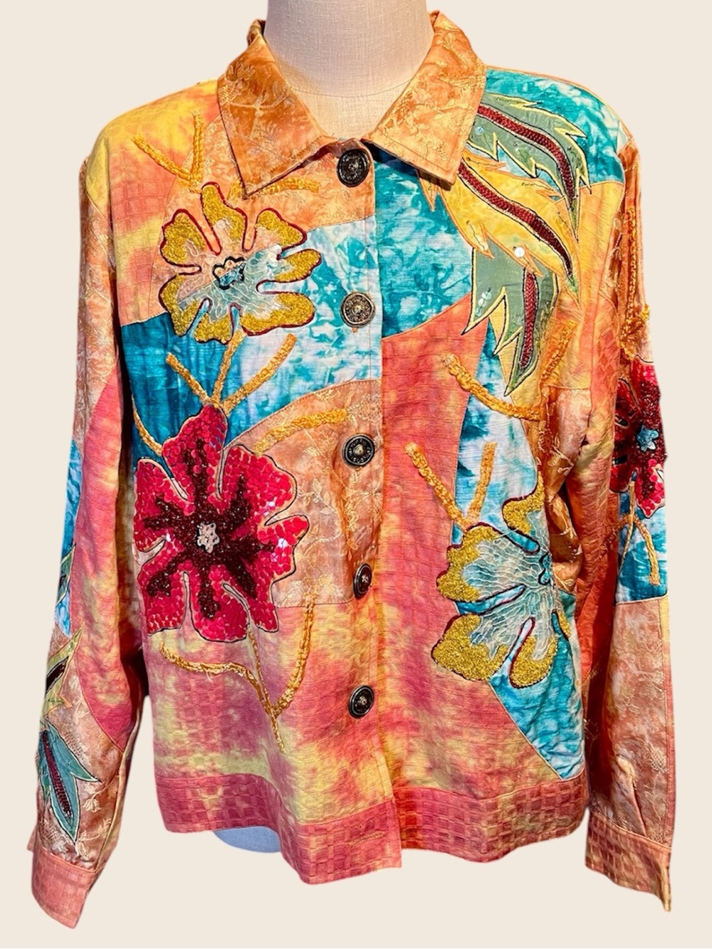 💥Draper’s & Damon’s Embroidered Floral Patchwork Button-Down Shirt w Sequins